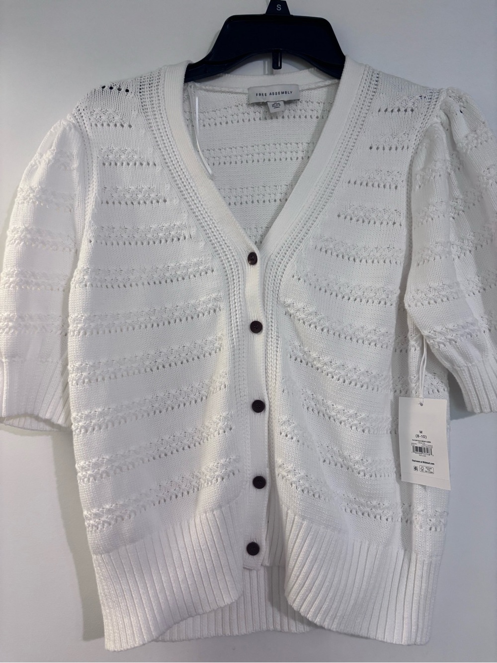 Short Sleeve White Knit Cardigan with Dark Buttons